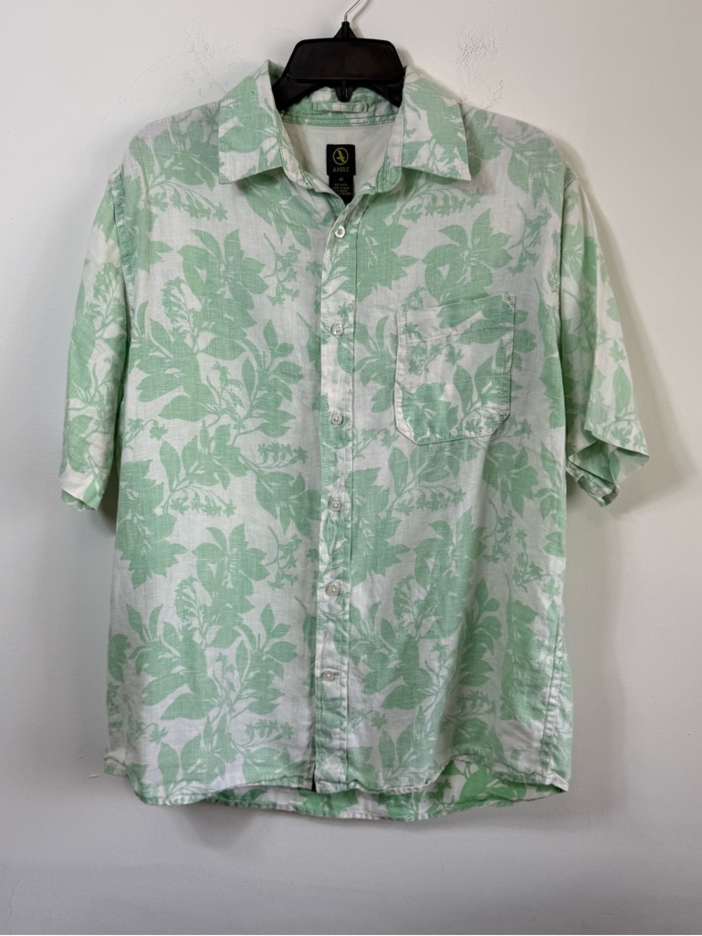 AIGLE 100% Linen Mint Green Floral Botanical Button Down Shirt Resort Medium